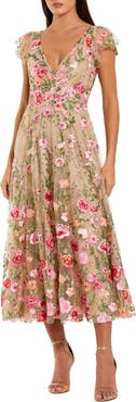 Mac Duggal Embroidered Cap Sleeve V Neck Ankle Dress