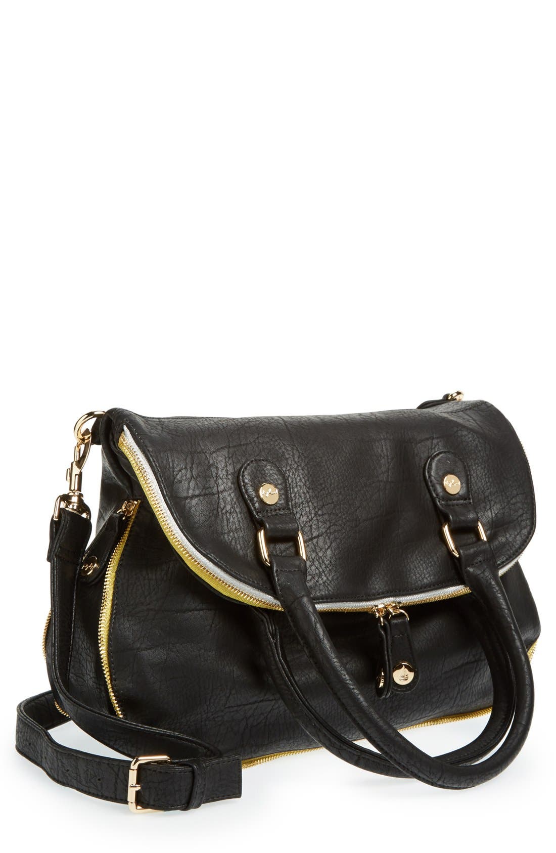 Zip Detail Foldover Tote, Main, color, BLACK