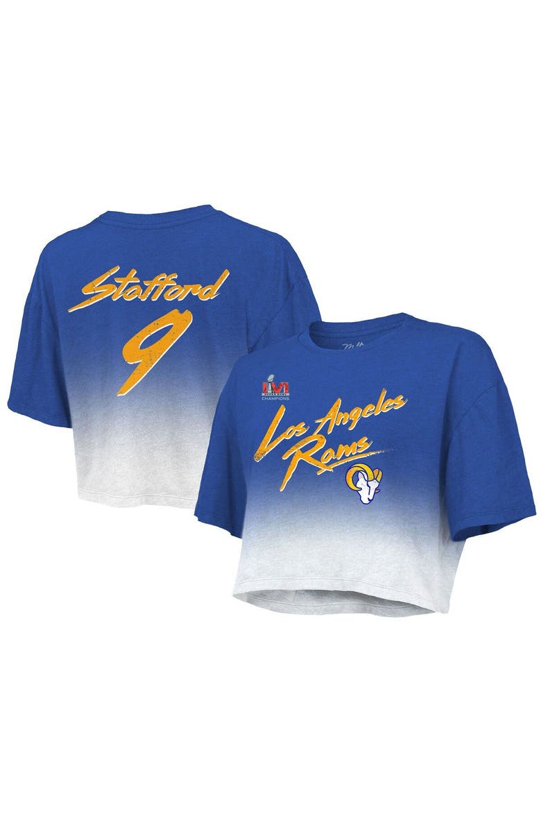 Majestic Threads Women's Majestic Threads Matthew Stafford Royal/White Los Angeles Rams Super Bowl LVI Champions Name & Number Dip Dye Crop Top, Main, color, 