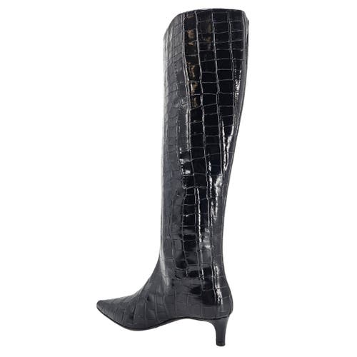 Madison Maison Tall Moc Croc Pointy Toe Kitten Heel Boot In Black