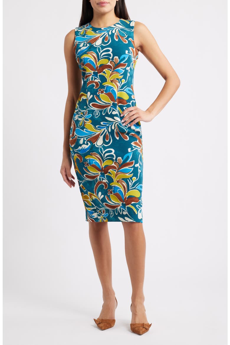 Print Sleeveless Sheath Dress, Main, color, INK TEAL MULTI