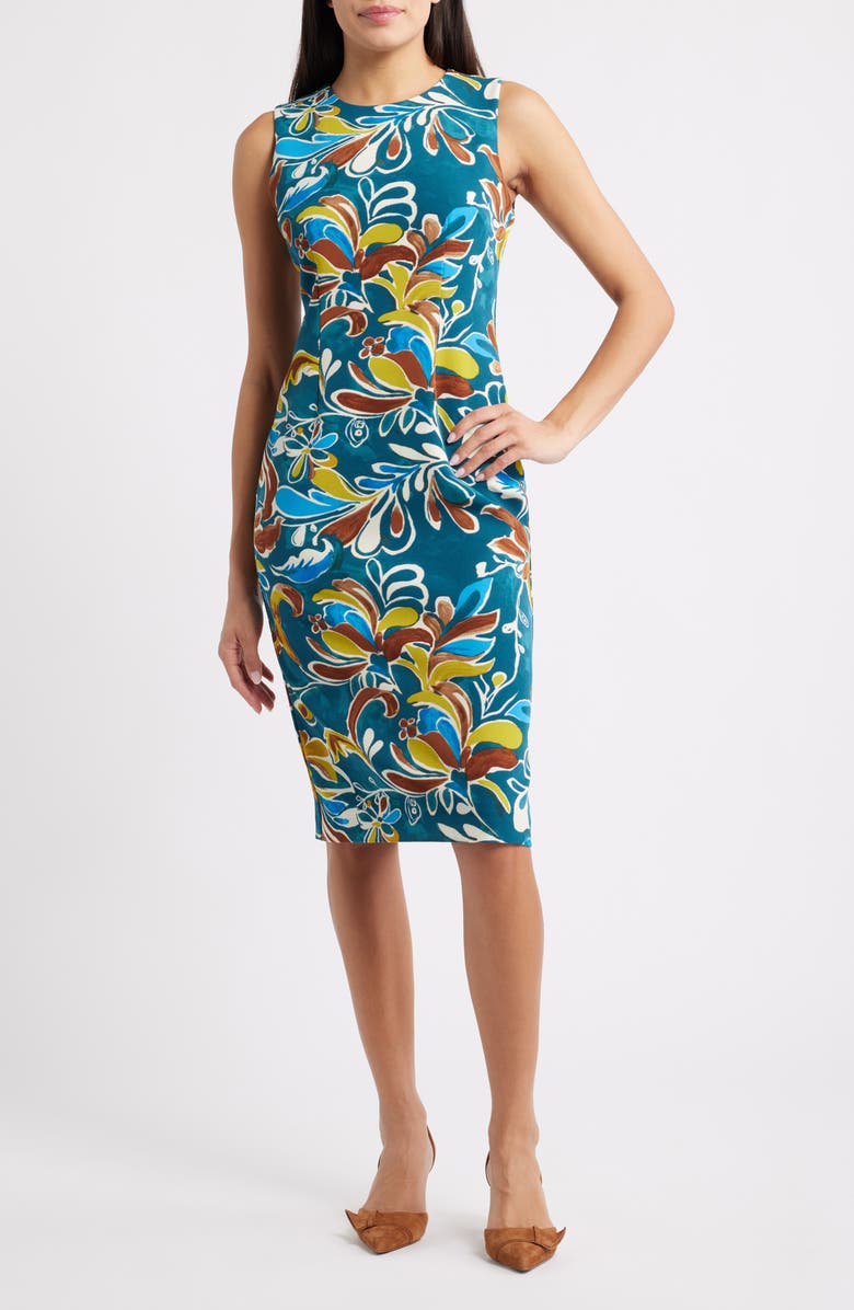 Anne Klein Print Sleeveless Sheath Dress, Main, color, Ink Teal Multi