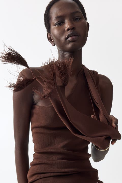 One-shoulder Scarf-detail Knitted Top