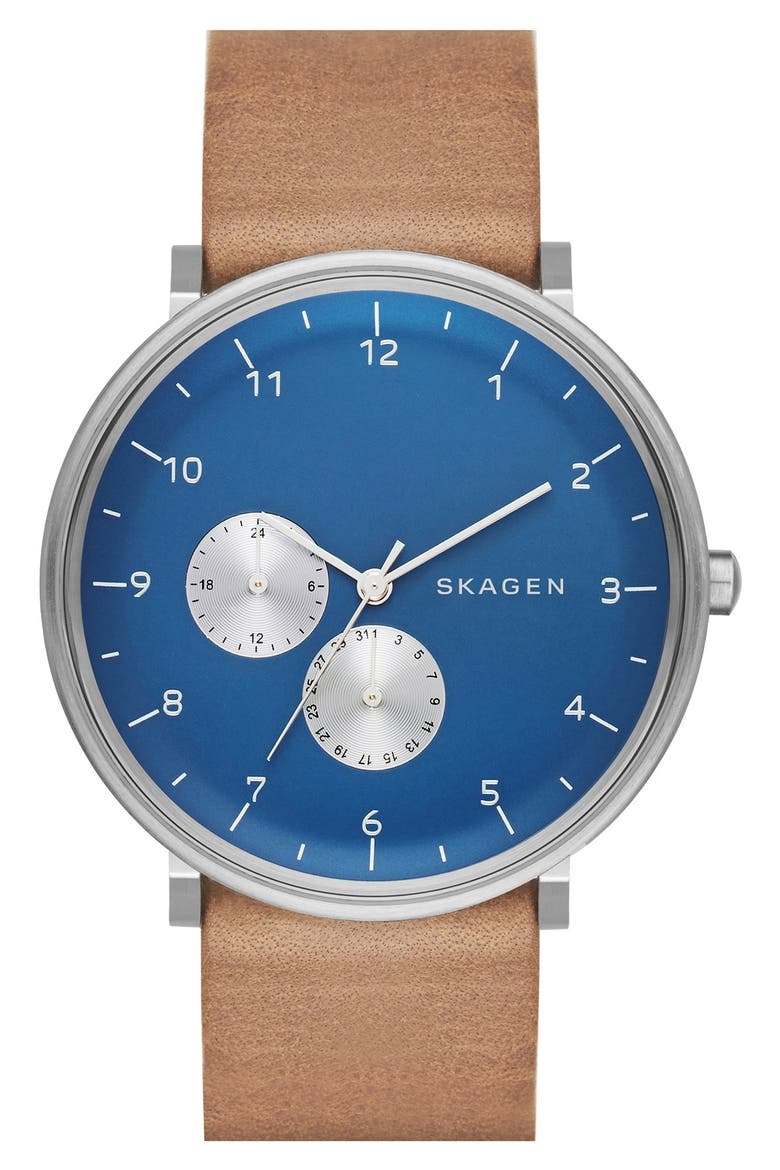 'Hald' Multifunction Leather Strap Watch, 40mm, Main, color, TAN/ SILVER/ BLUE