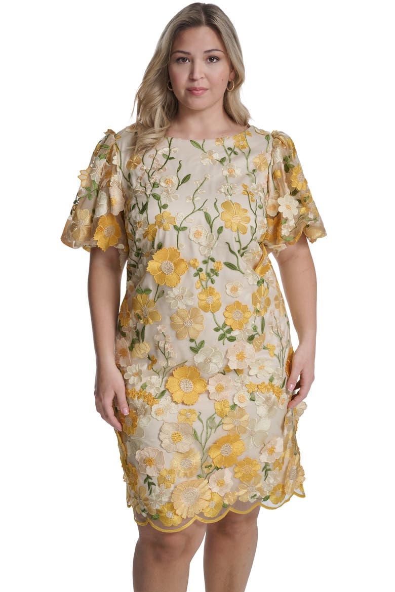 Embroidered Floral Appliqué Cocktail Dress, Alternate, color, LEMON MULTI