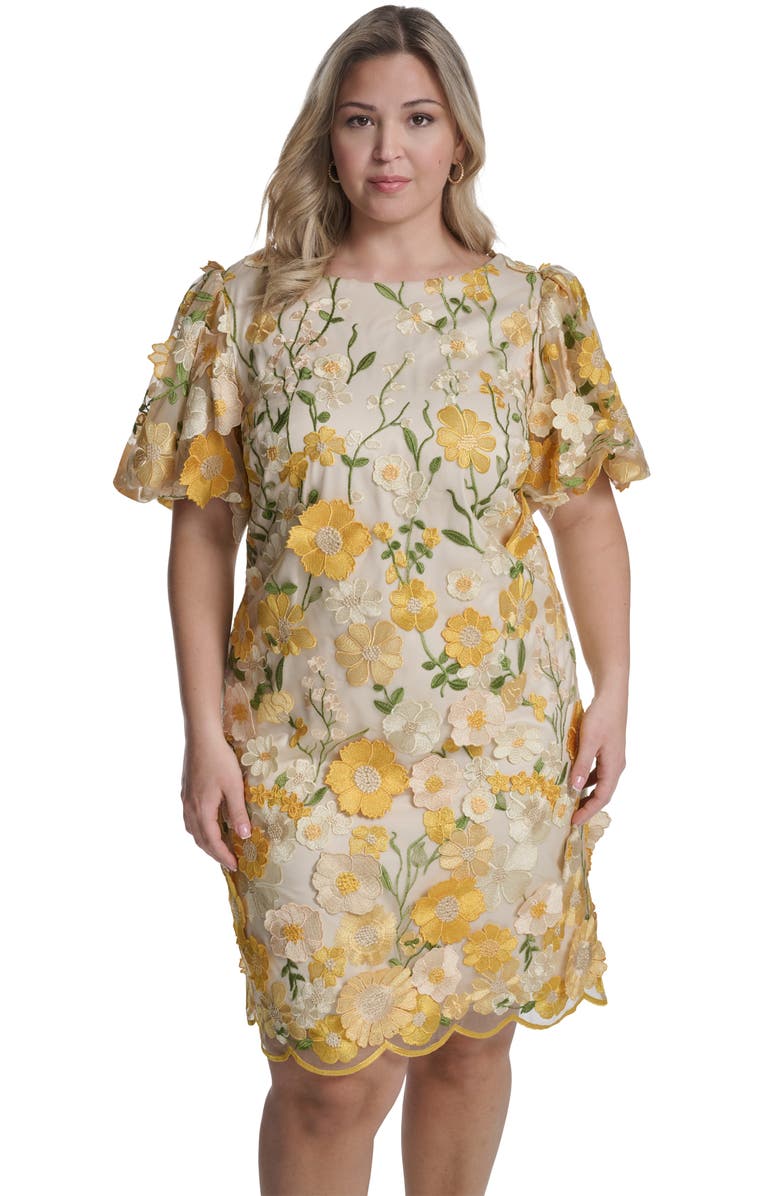 Eliza J Embroidered Floral Appliqué Cocktail Dress, Alternate, color, Lemon Multi