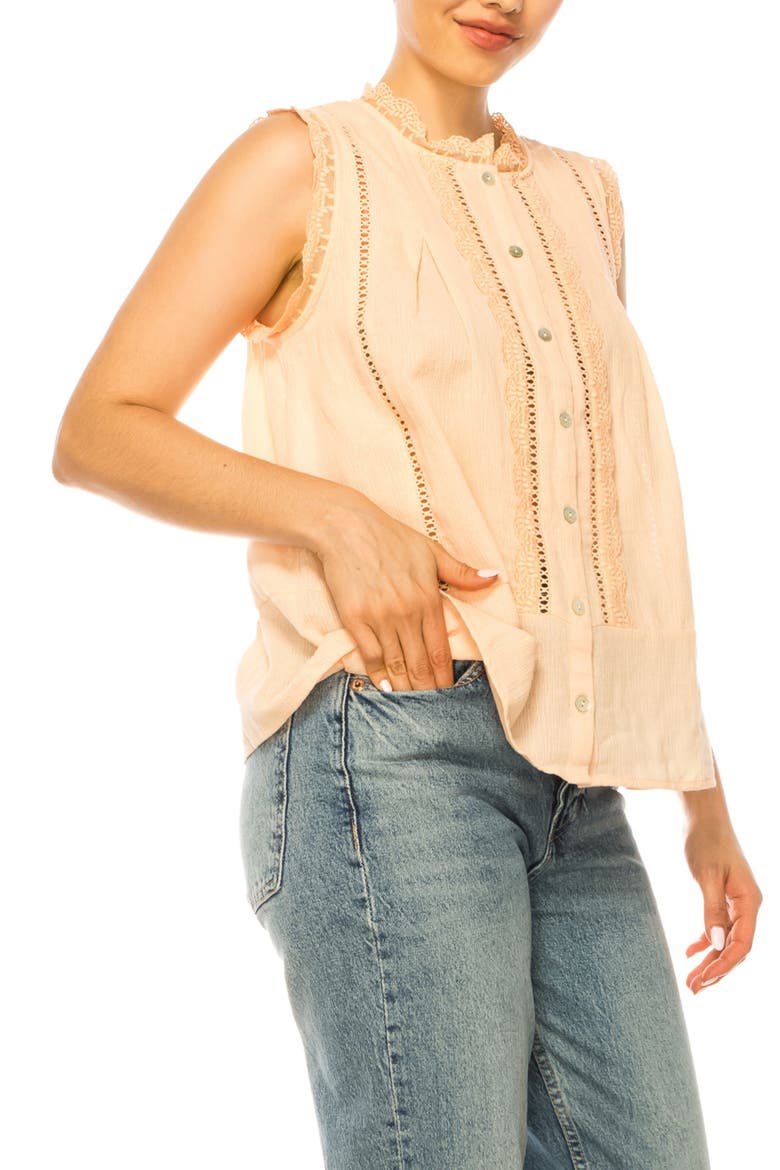 Lace Trim Cotton Button-Up Top, Alternate, color, BISQUE