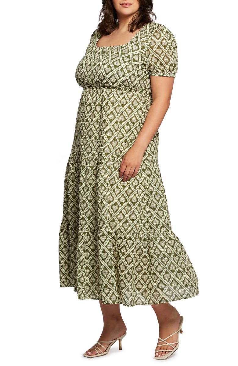 Estelle Heart Print Square Neck Cotton Dress, Alternate, color, Green Print