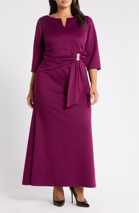 Rhinestone Brooch Drape Waist Gown
