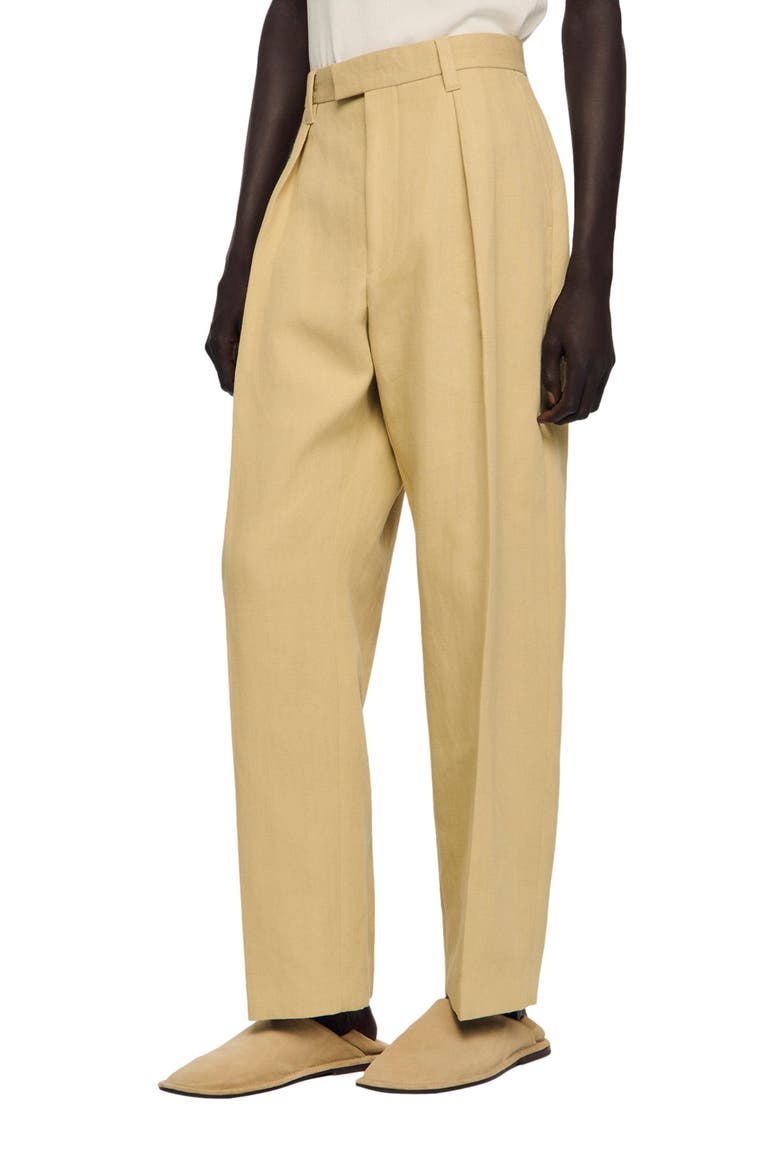 Wide pleated cotton-linen trousers, Alternate, color, Beige