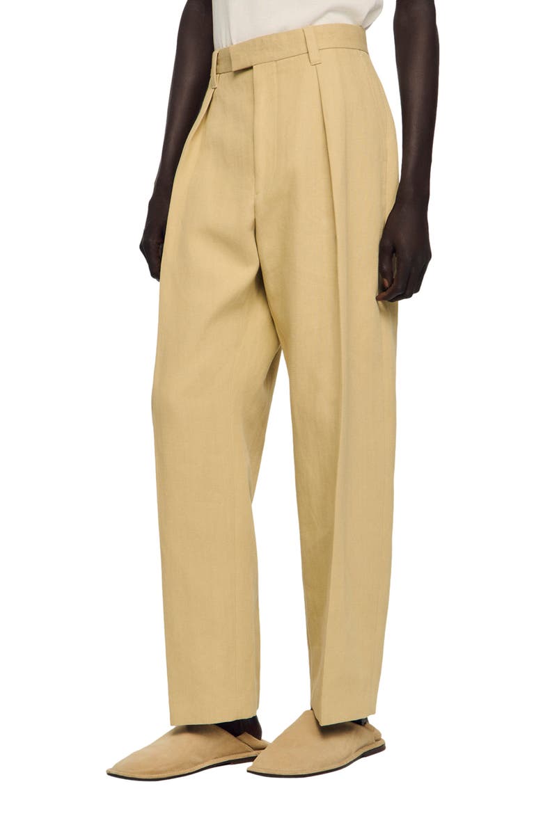 SANDRO Wide pleated cotton-linen trousers, Alternate, color, Beige