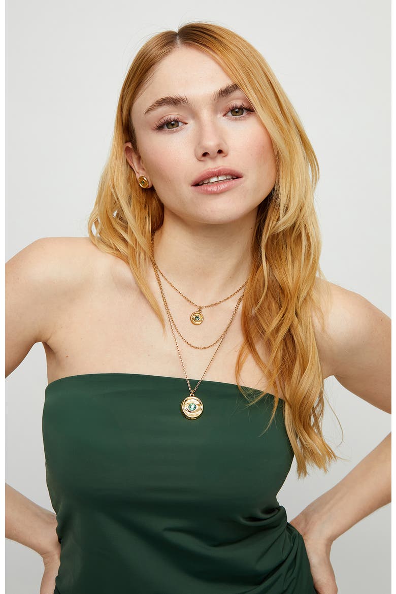 Triple Necklace Plated in 18K Gold with 2 Eye Charms and Green Faceted Crystal, Alternate, color, Gold