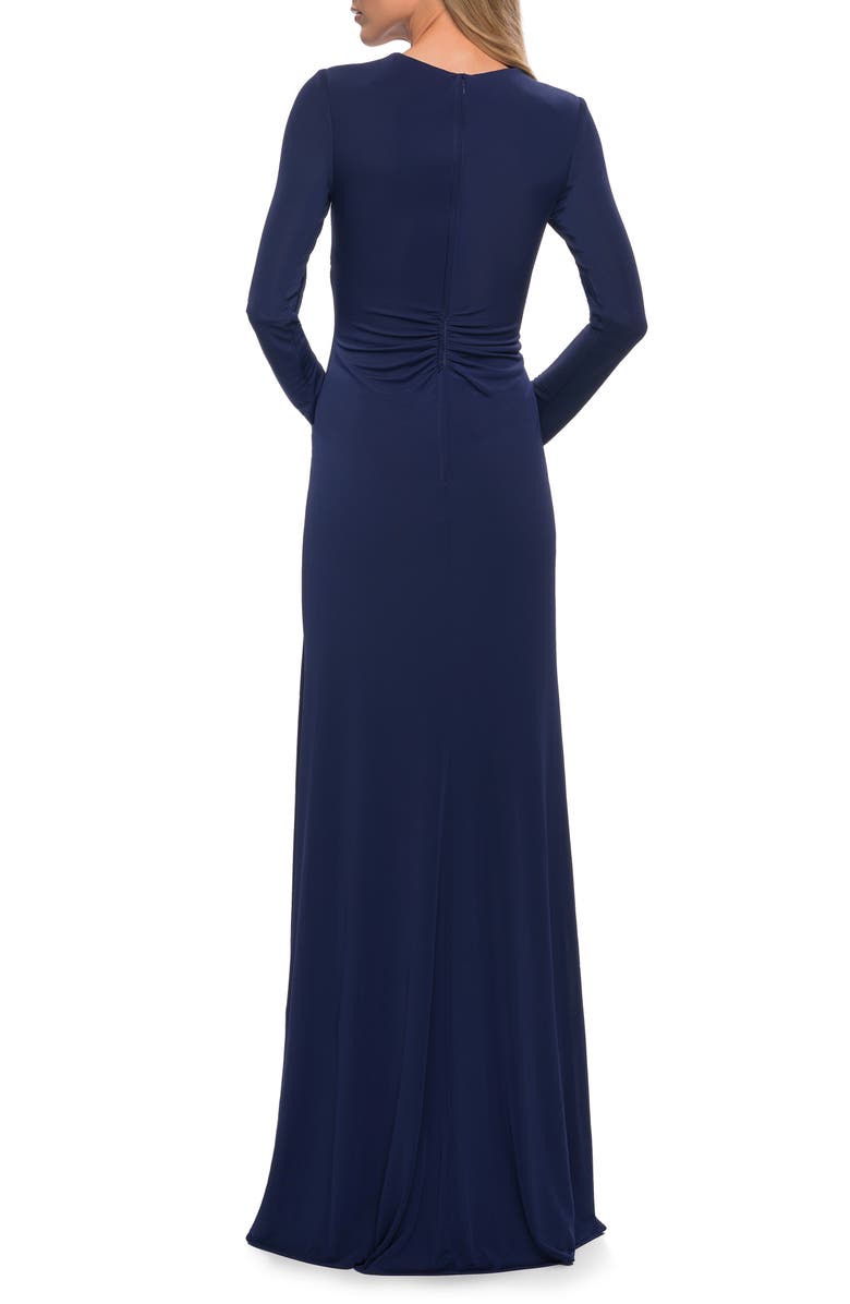 La Femme Ruched Long Sleeve Jersey Sheath Gown, Alternate, color,