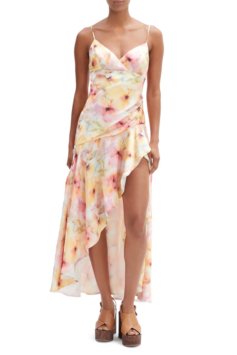 Sorella Floral High-Low Satin Dress, Main, color, SUNSET FLORAL