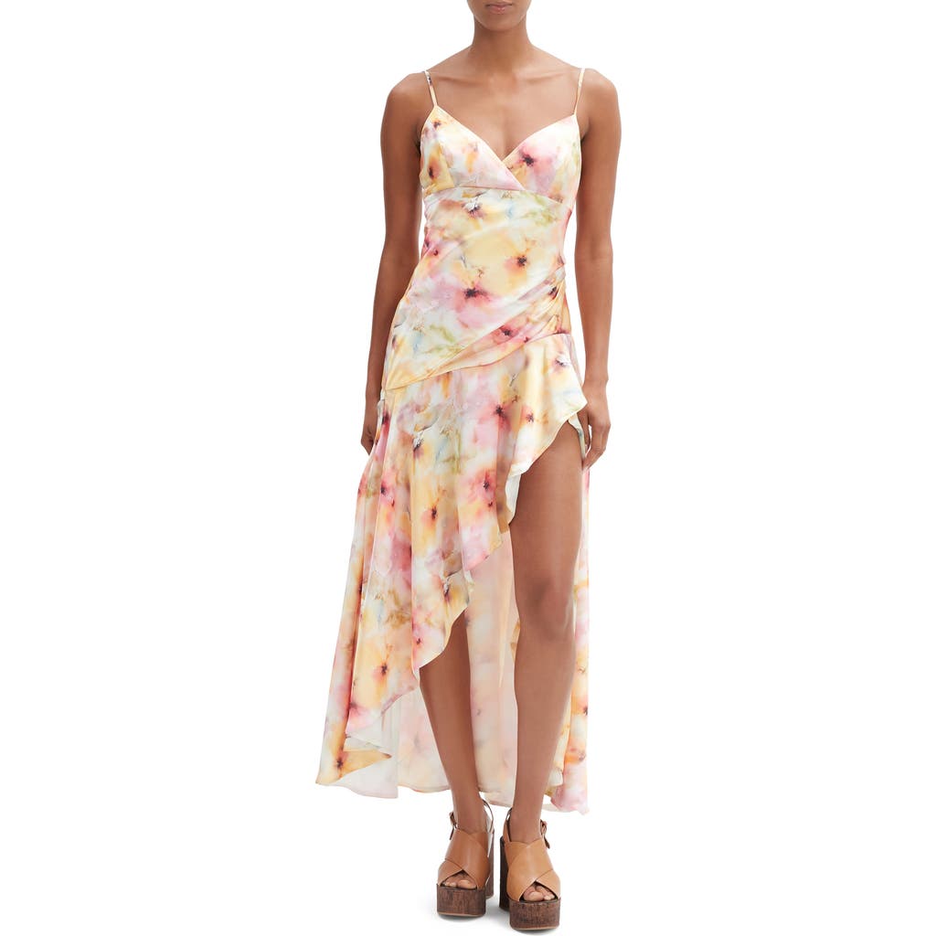 Bardot Sorella Printed Satin V-neck Draped Asymmetrical Ruffle Midi Dress