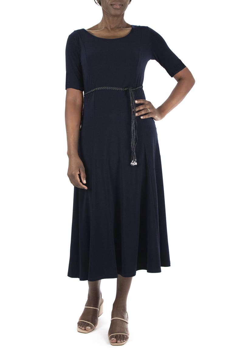 Sylvia Belted A-Line Midi Dress, Main, color, BLACK