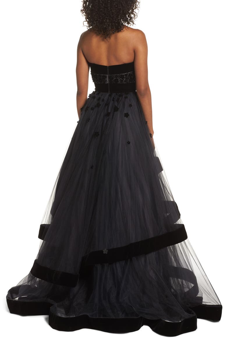 Beaded Strapless Tiered Ballgown, Alternate, color, BLACK