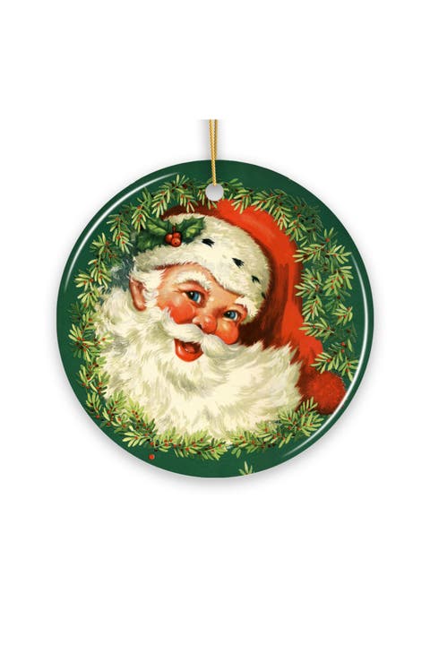 Vintage Santa Wreath Round Ceramic Ornament - Version 2