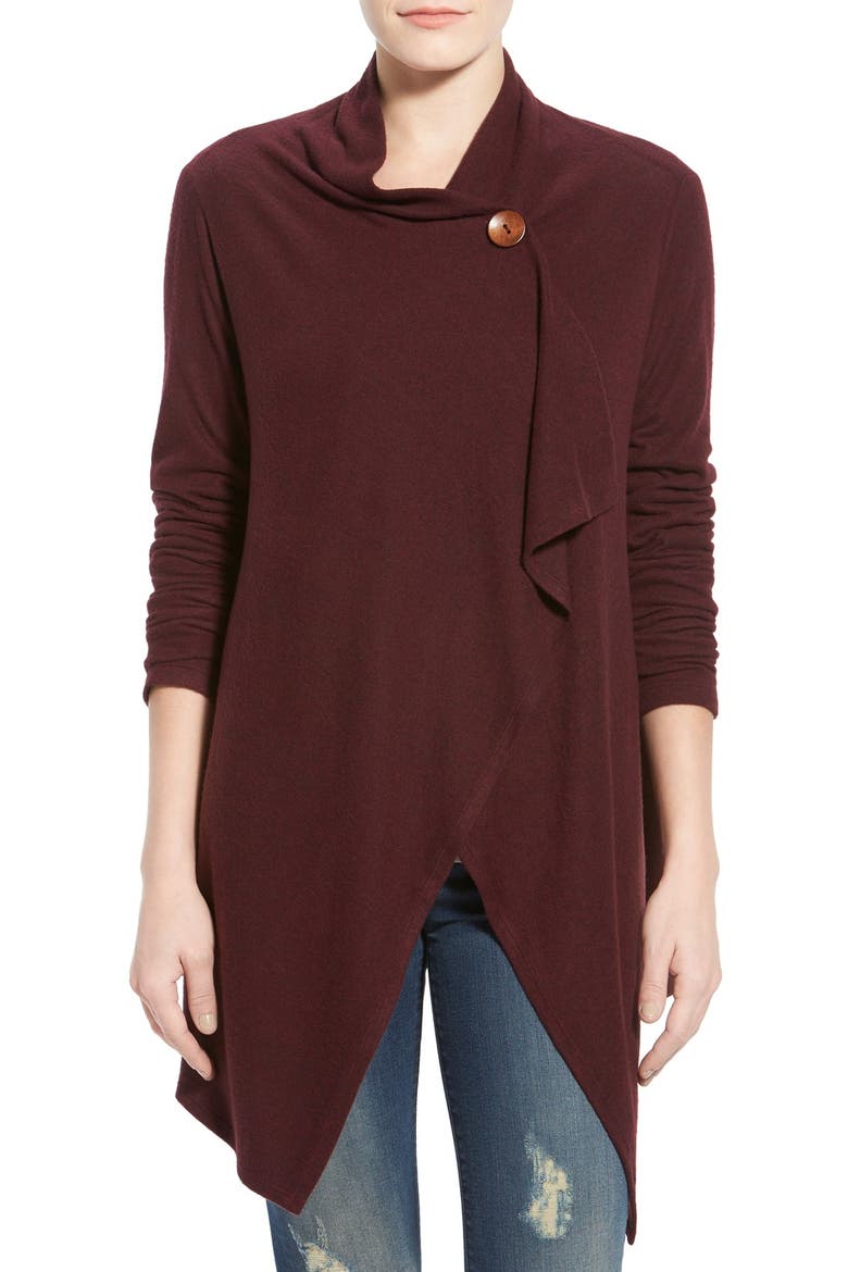 One-Button Fuzzy Fleece Wrap Cardigan, Main, color, BURGUNDY LONDON