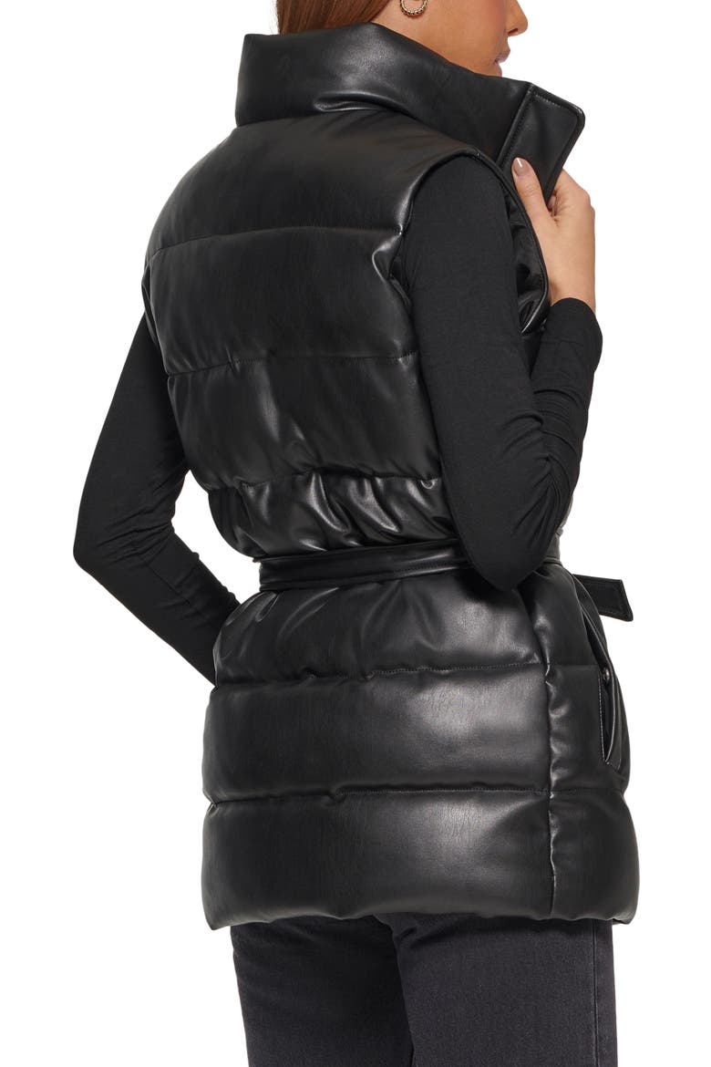 361™ Belted Water Resistant Faux Leather Puffer Vest, Alternate, color, BLACK