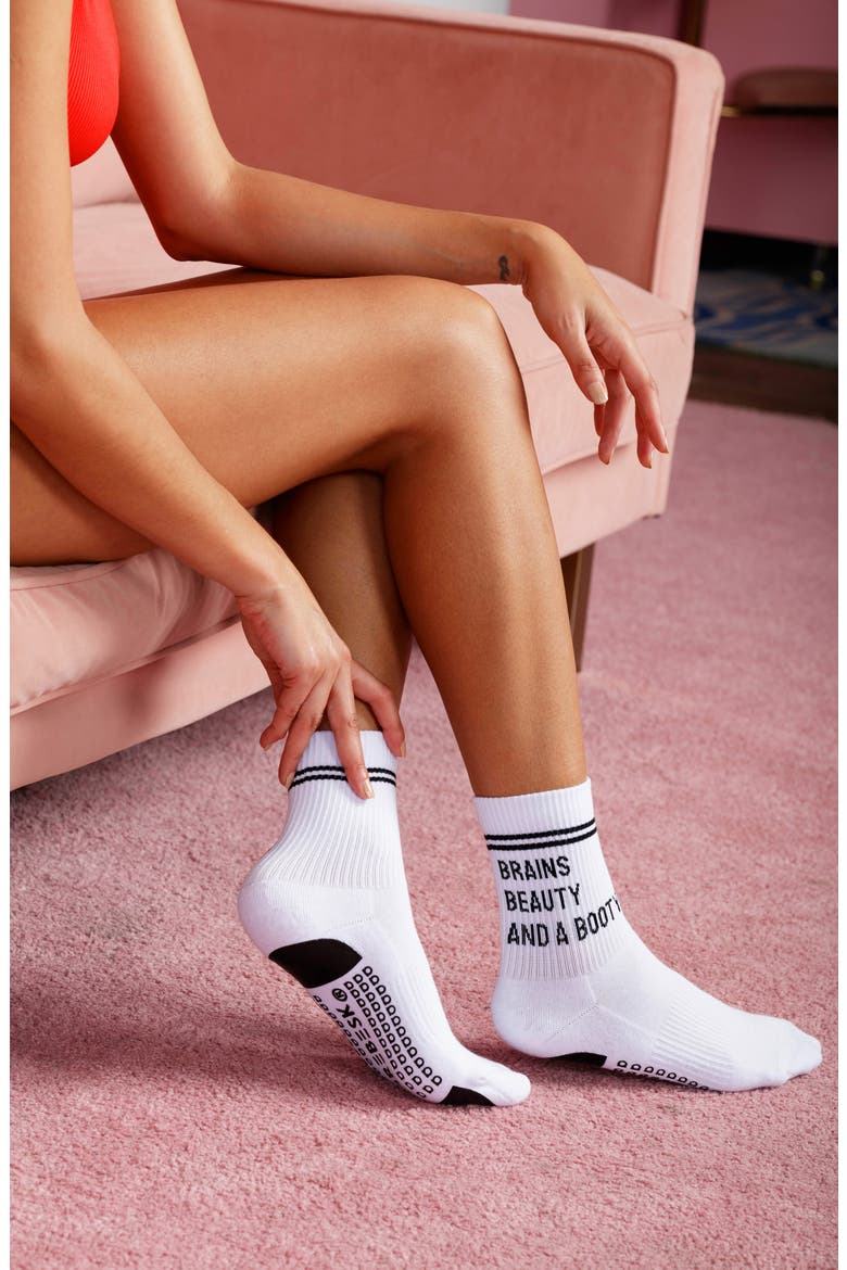 Brains Beauty and a Booty Assorted 2-Pack Grip Crew Socks, Alternate, color, WHITE - BLACK