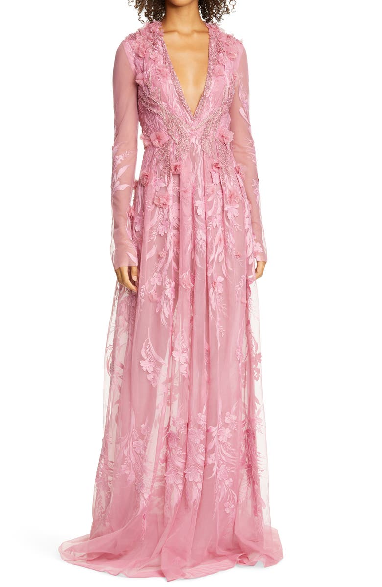 Pamella Roland Long Sleeve 3D Floral Embroidered Lace Gown, Main, color, 