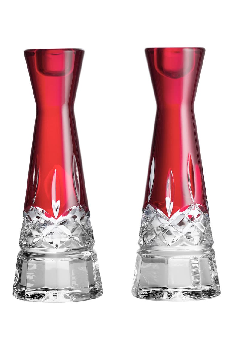 Lismore Red Set of 2 Crystal Candleholders, Main, color, RED