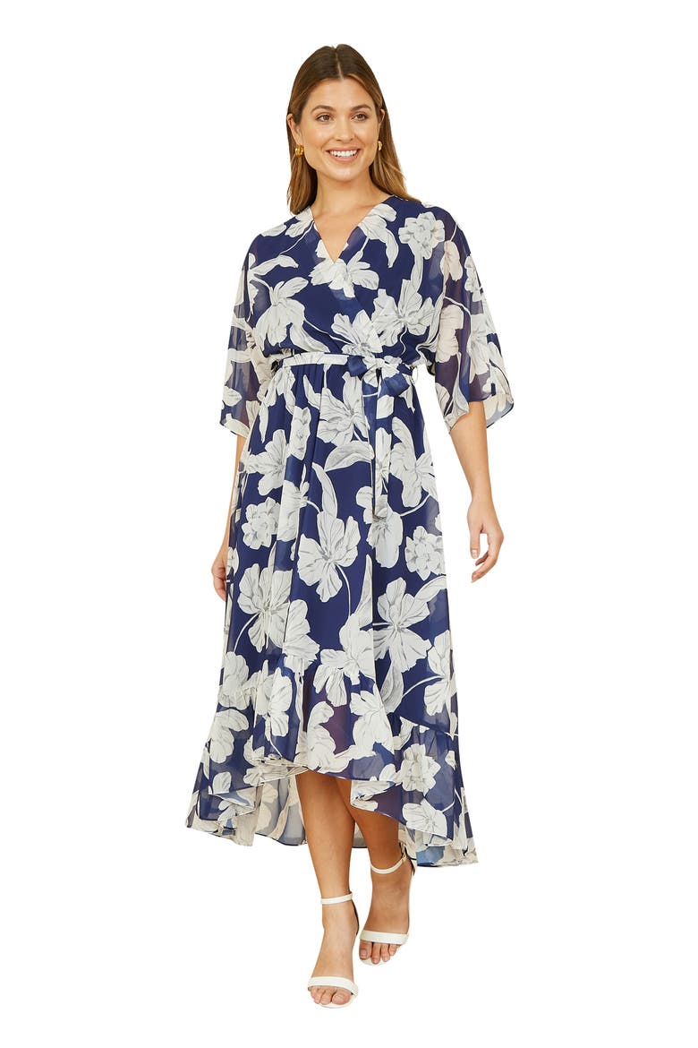 Midi Dip Hem Wrap Dress, Main, color, Navy