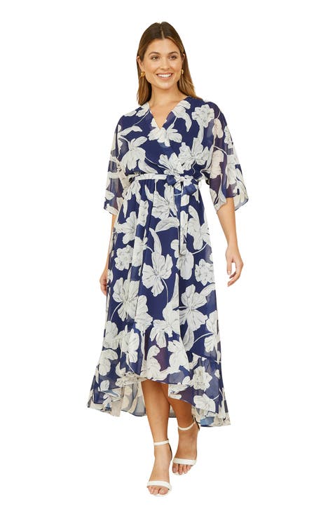 Kimono Sleeves Midi Dip Hem Wrap Dress