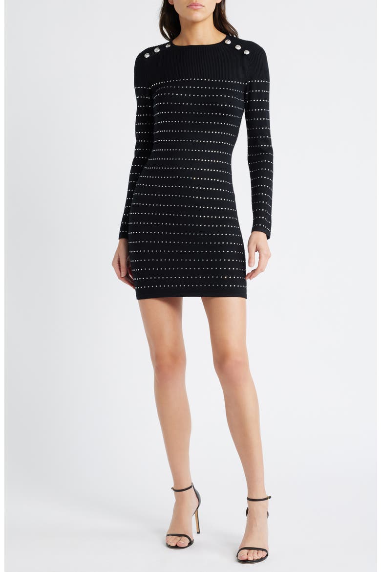 Rhinestone Long Sleeve Sweater Dress, Main, color, BLACK/ SILVER