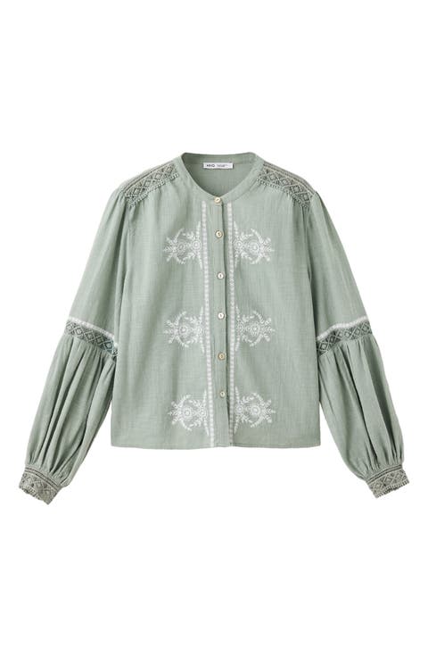 Embroidered Lace Cotton Shirt with Puffed Sleeves