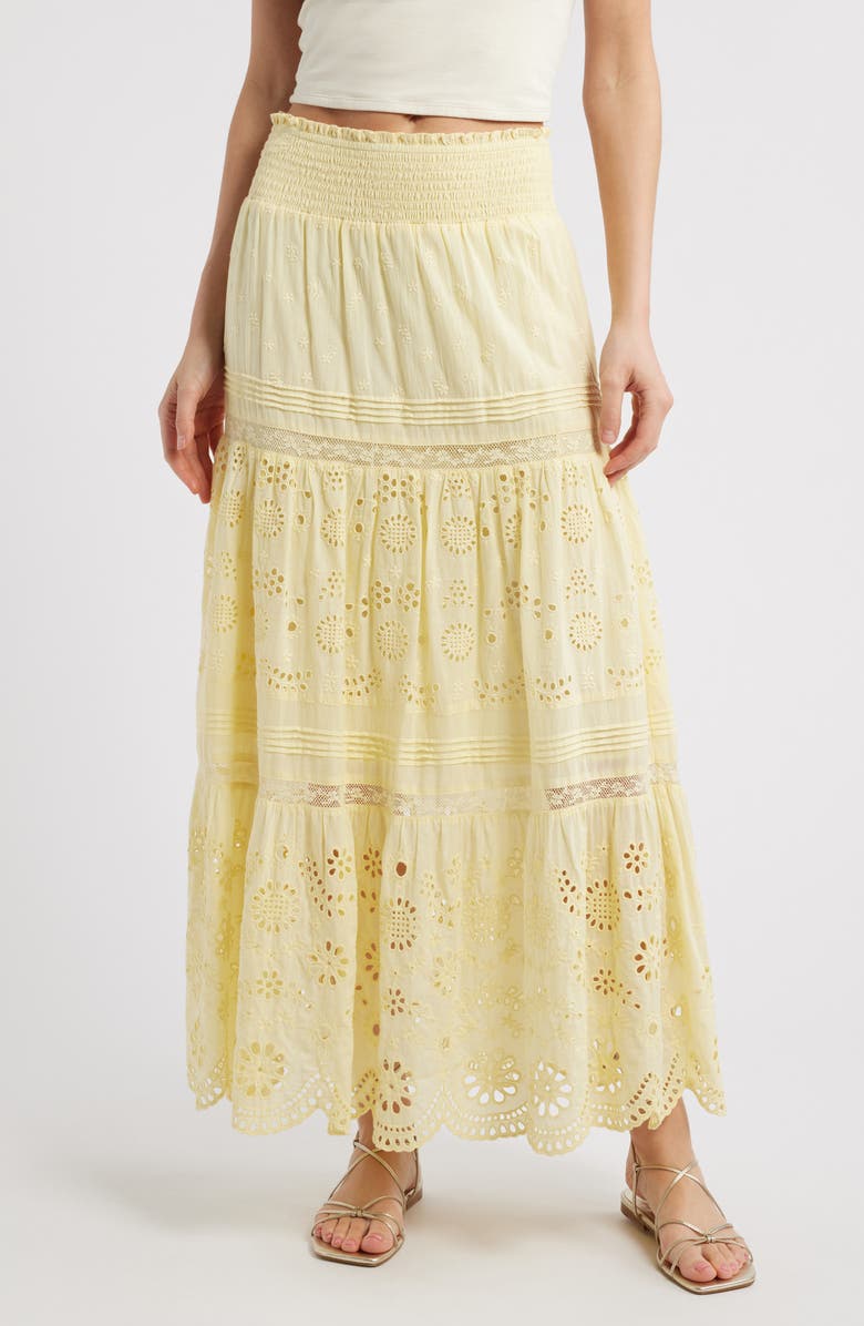 LoveShackFancy Miloti Smocked Waist Cotton Maxi Skirt, Main, color, Citron