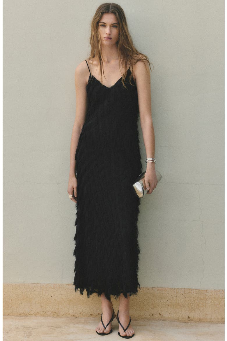 Frayed Sleeveless Maxi Slipdress, Alternate, color, BLACK