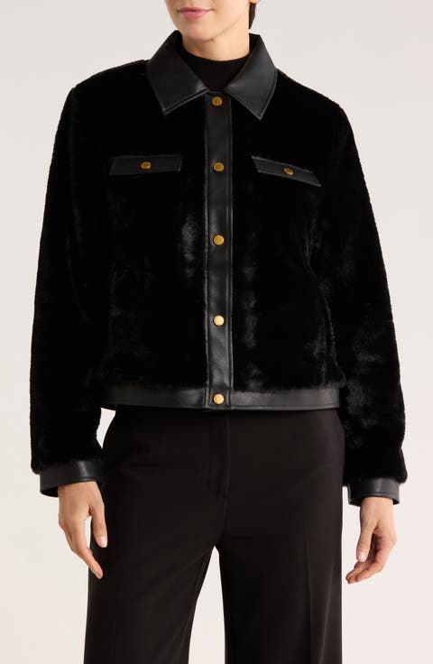 Faux Leather Trim Faux Fur Jacket