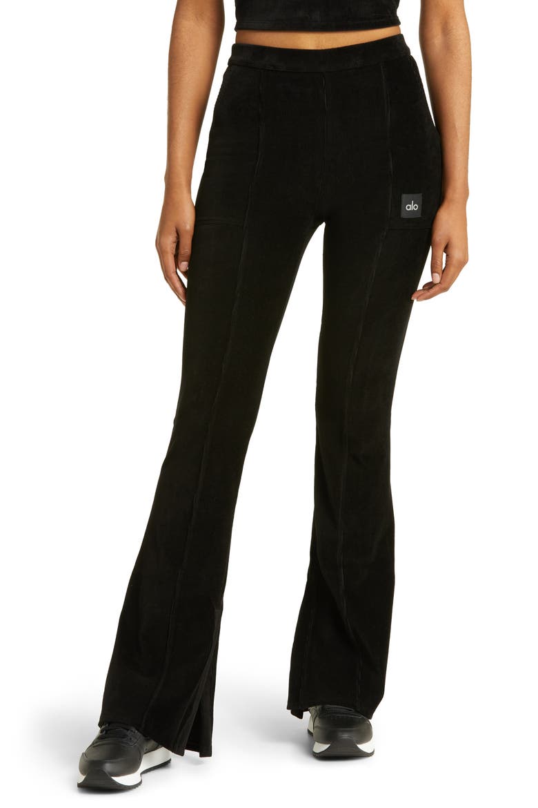 Winter Break High Waist Flare Microcorduroy Pants, Main, color, BLACK