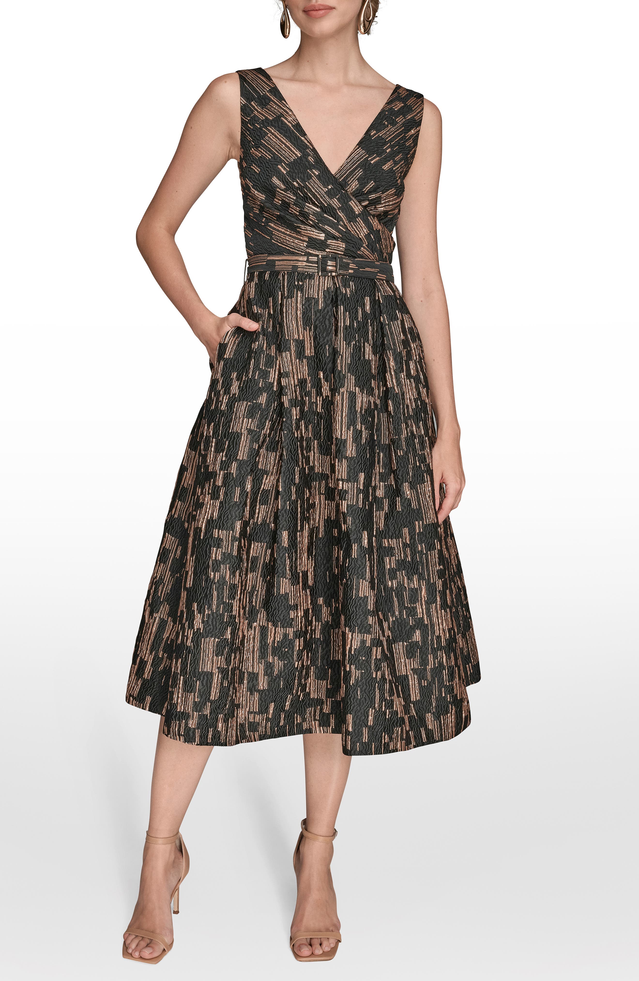 Metallic Jacquard Sleeveless Fit & Flare Dress