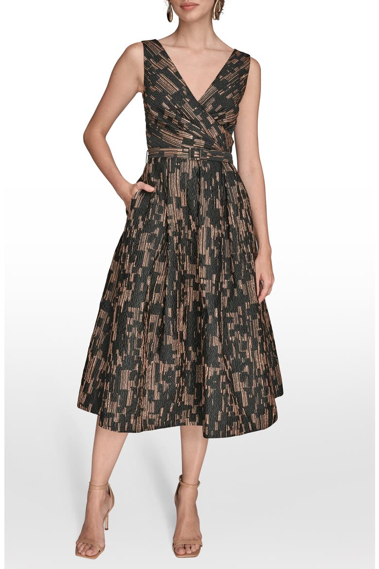 Metallic Jacquard Sleeveless Fit & Flare Dress, Main, color, BLACK/ GOLD MULTI