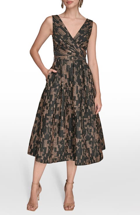 Metallic Jacquard Sleeveless Fit & Flare Dress