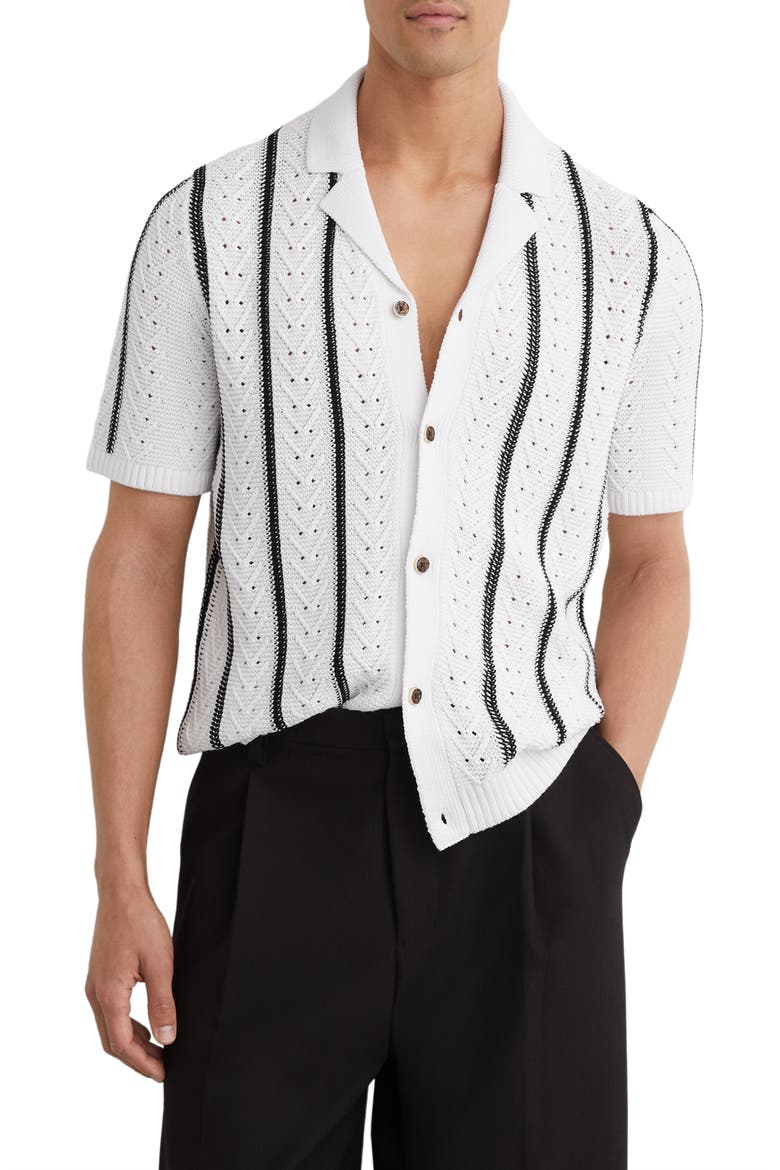 Ellingham Textured Stripe Camp Collar Cardigan, Main, color, WHITE/ NAVY