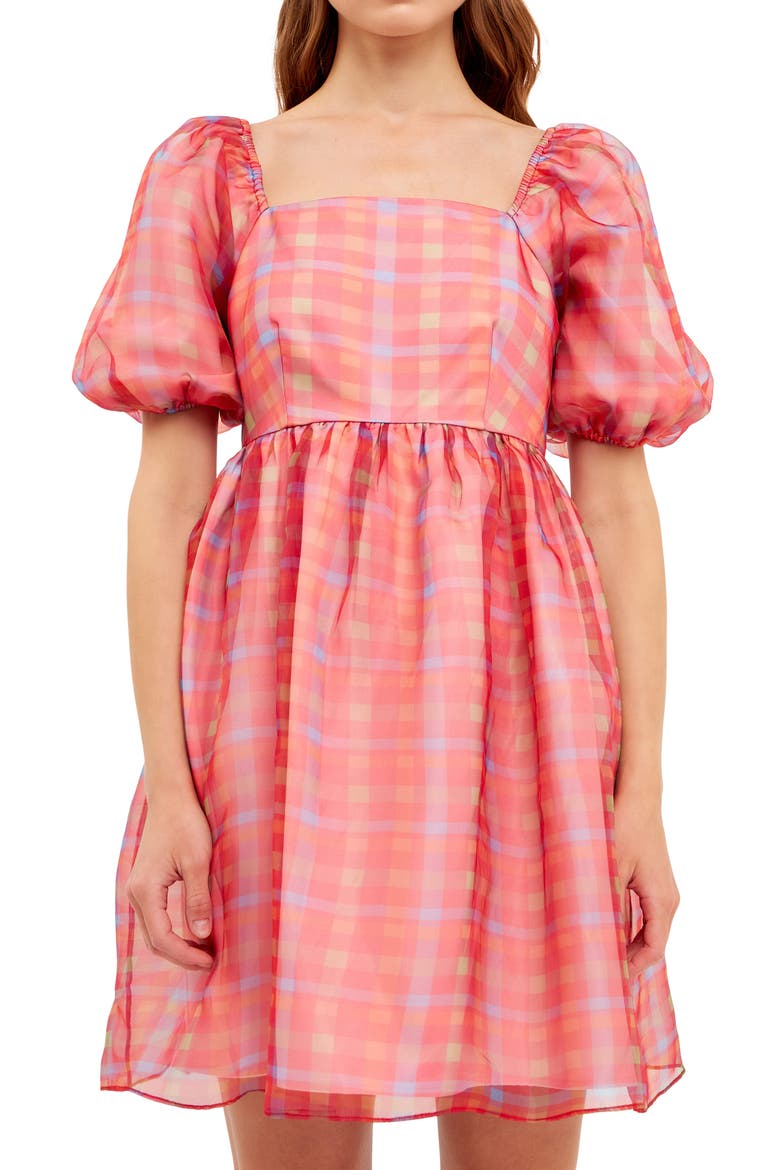Checker Print Puff Sleeve Babydoll Minidress, Alternate, color, MULTI
