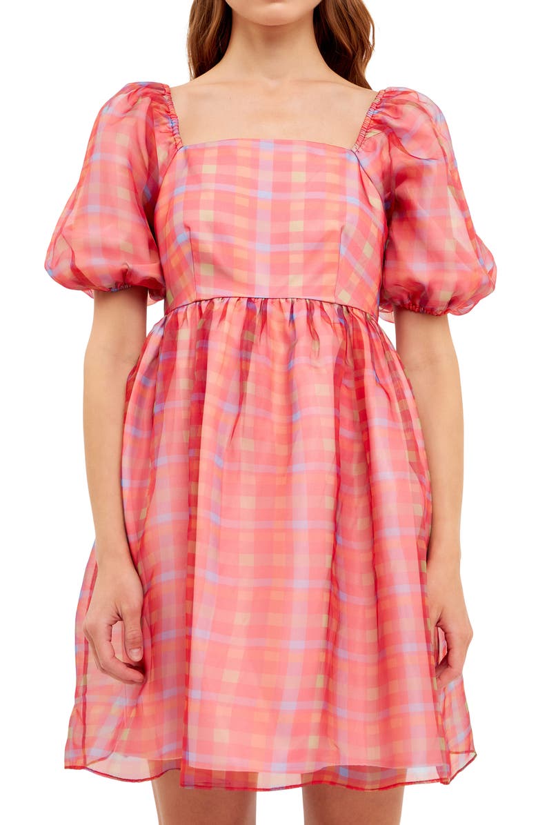 Endless Rose Checker Print Puff Sleeve Babydoll Minidress, Alternate, color, Multi