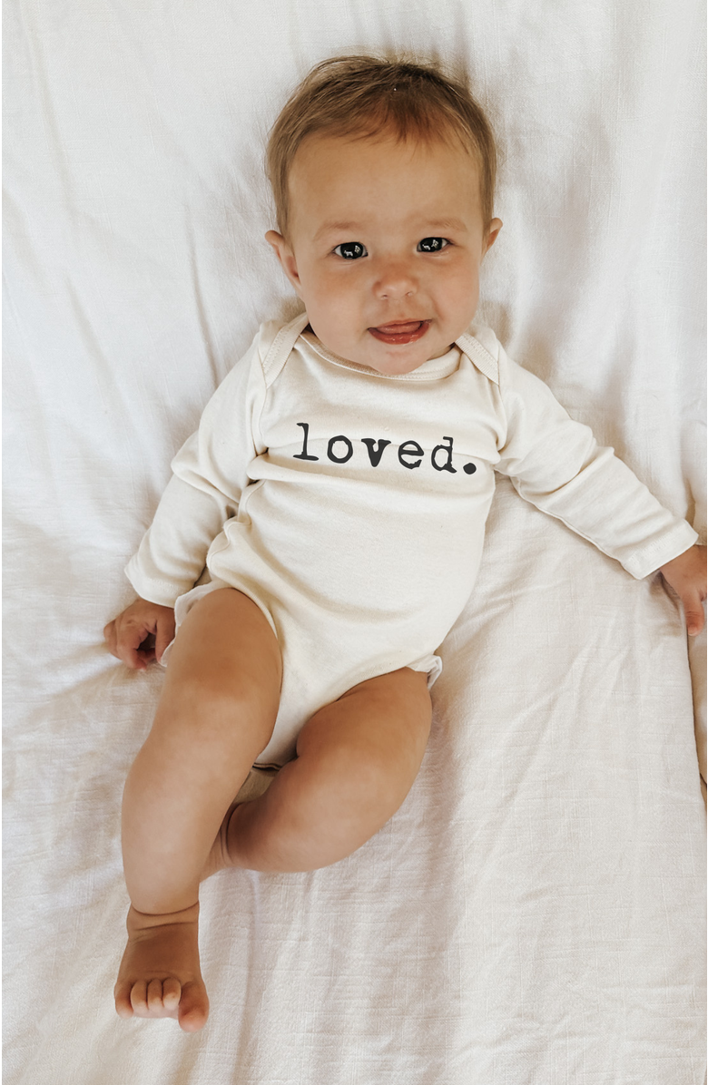 Tenth & Pine Loved Organic Baby Bodysuit Long Sleeve, Alternate, color, Natural Black Lettering