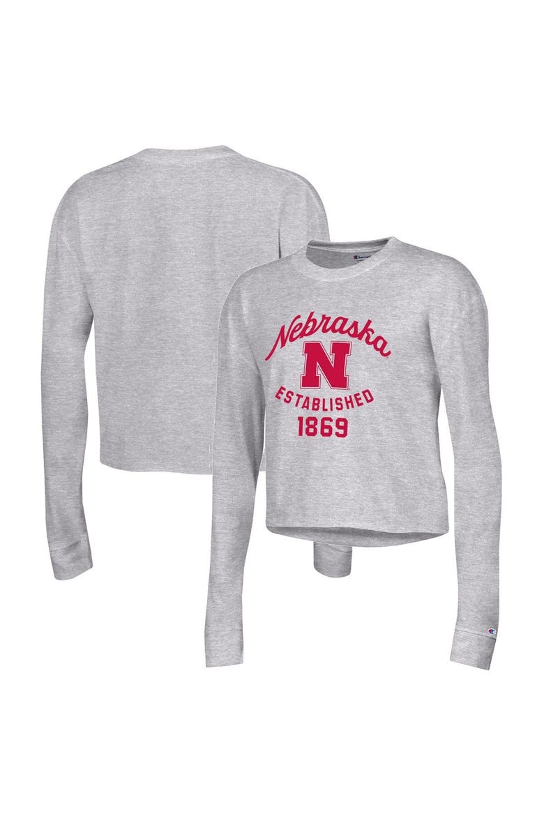 Women's Champion Gray Nebraska Huskers Boyfriend Cropped Long Sleeve T-Shirt, Main, color, Gray