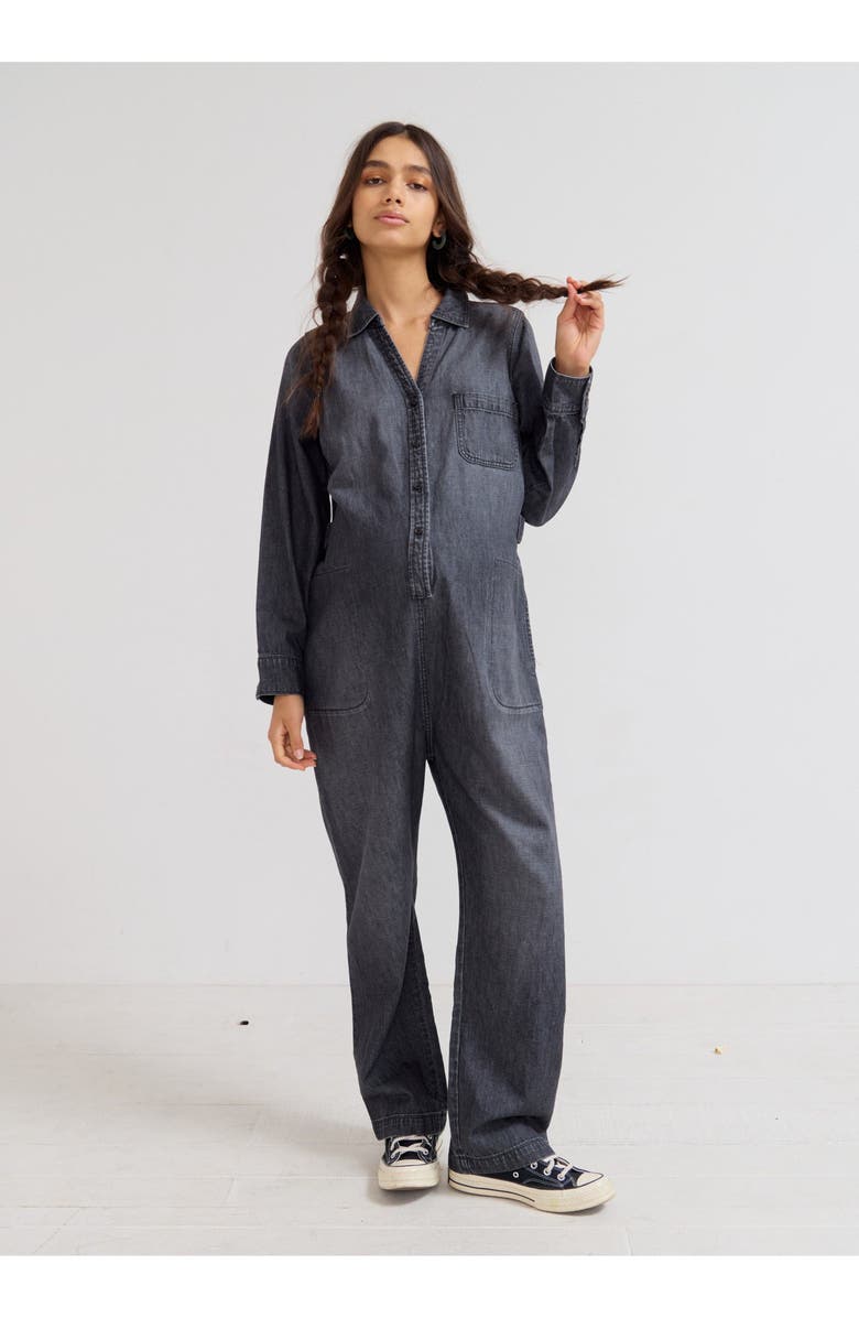 HATCH Collection The Everyday Nursing Denim Jumpsuit, Main, color, Washed-Black