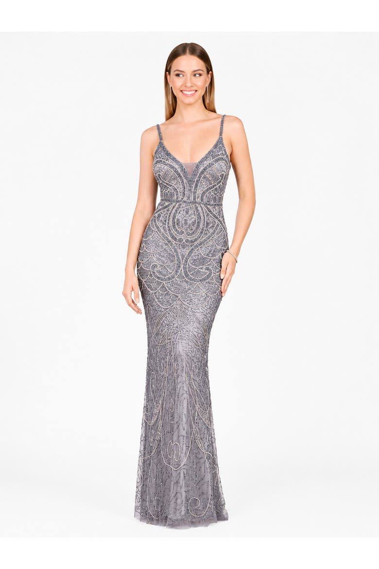 Beaded Faux-Wrap V-Neck Bridal Gown, Alternate, color, Mid Grey