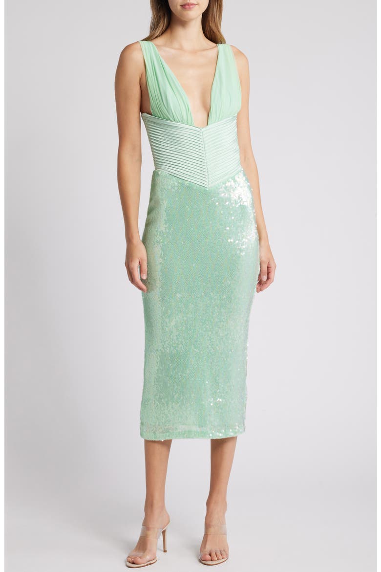 Thala Corset Bodice Sequin Cocktail Dress, Alternate, color, MIST GREEN