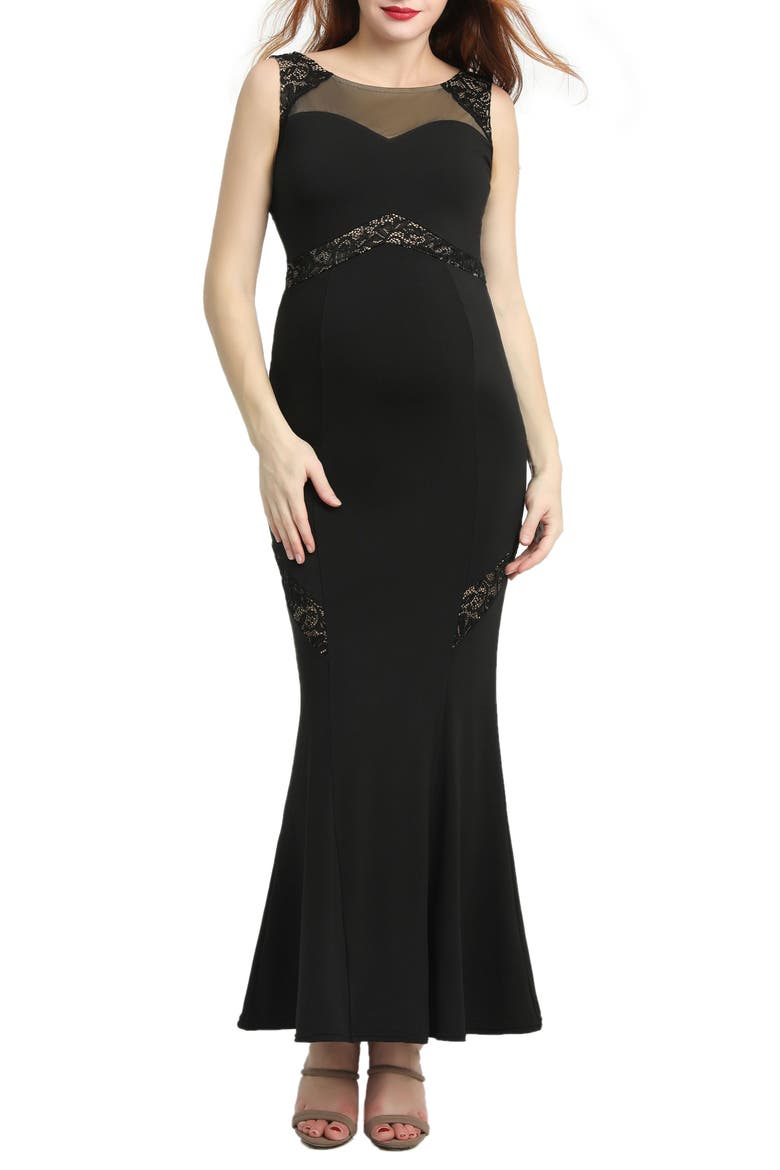 Corinne Lace Trim Maternity Mermaid Gown, Main, color, BLACK