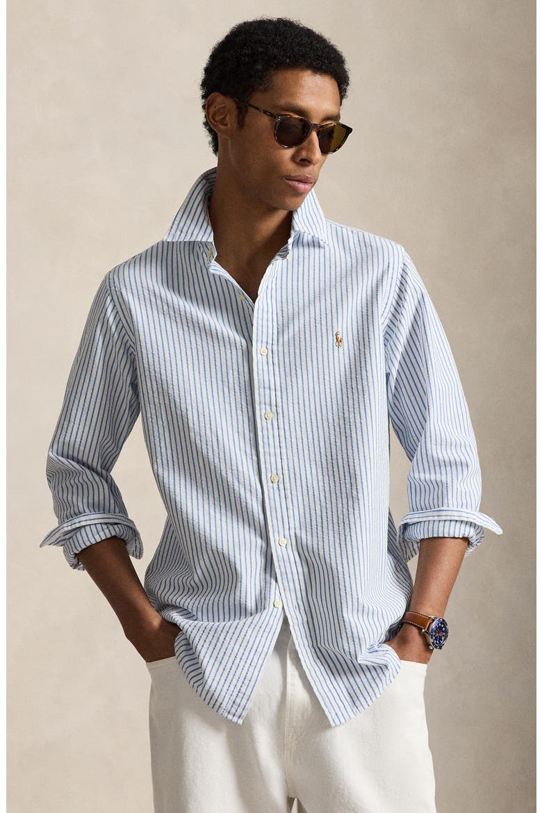 Classic Fit Stripe Seersucker Button-Down Shirt, Alternate, color, WHITE/ BLUE