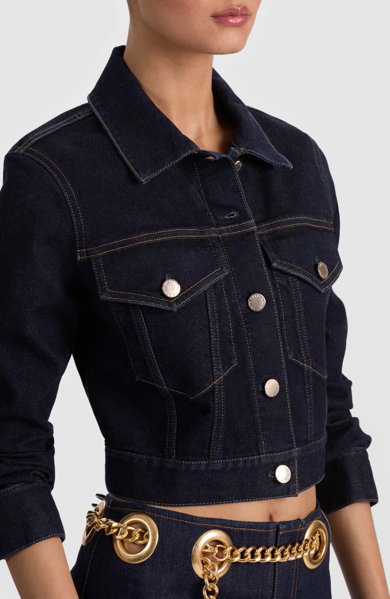 Alice + Olivia Chloe Boxy Crop Denim Jacket, Alternate, color, Dark Rinse