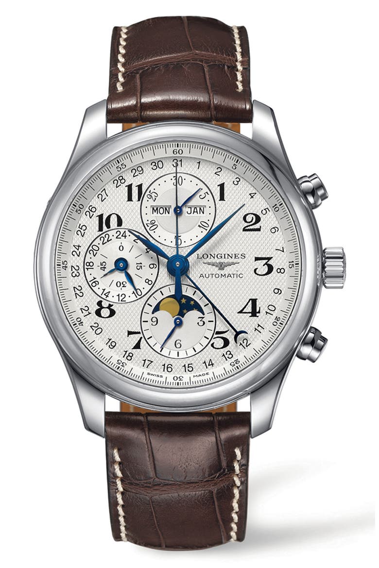 Master Automatic Chronograph Leather Strap Watch, 42mm, Main, color, BROWN/ SILVER